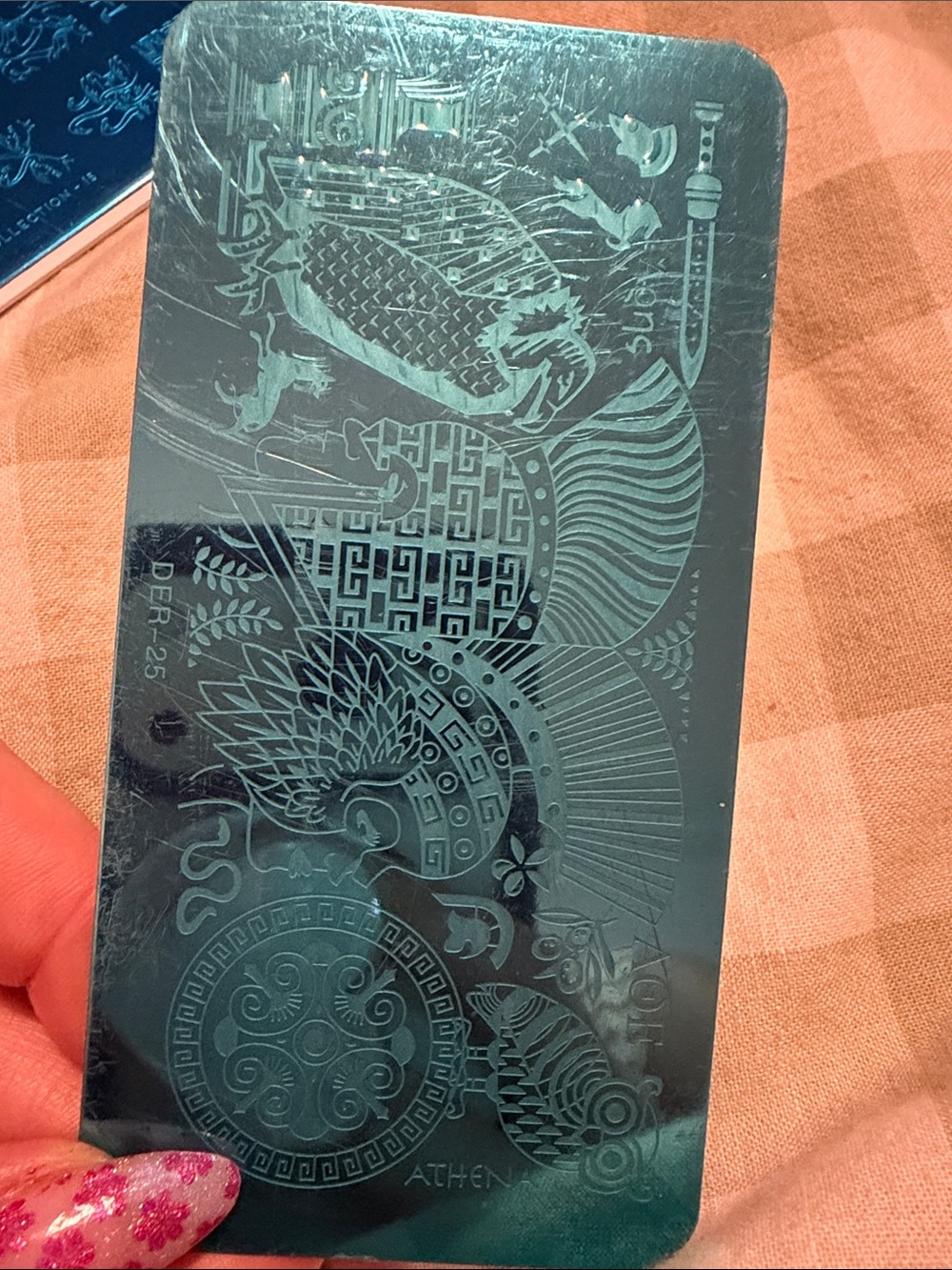 Teal Metal Nail Stamping Plate with Intricate Asian Motifs